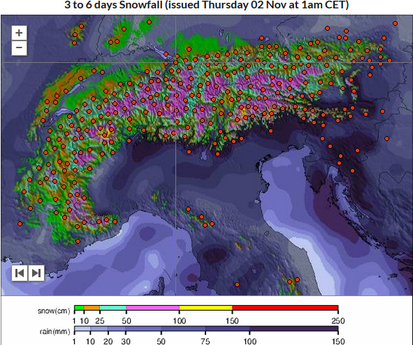 Bron: snow-forecast.com, 3-6 dagen vooruit