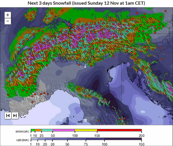 Sneeuwval komende 3 dagen. Bron: Snow-Forecast.com