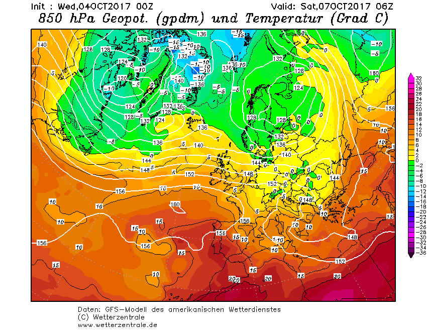 GFS kaart - 850 Hpa. Zaterdag 7 oktober 06Z
